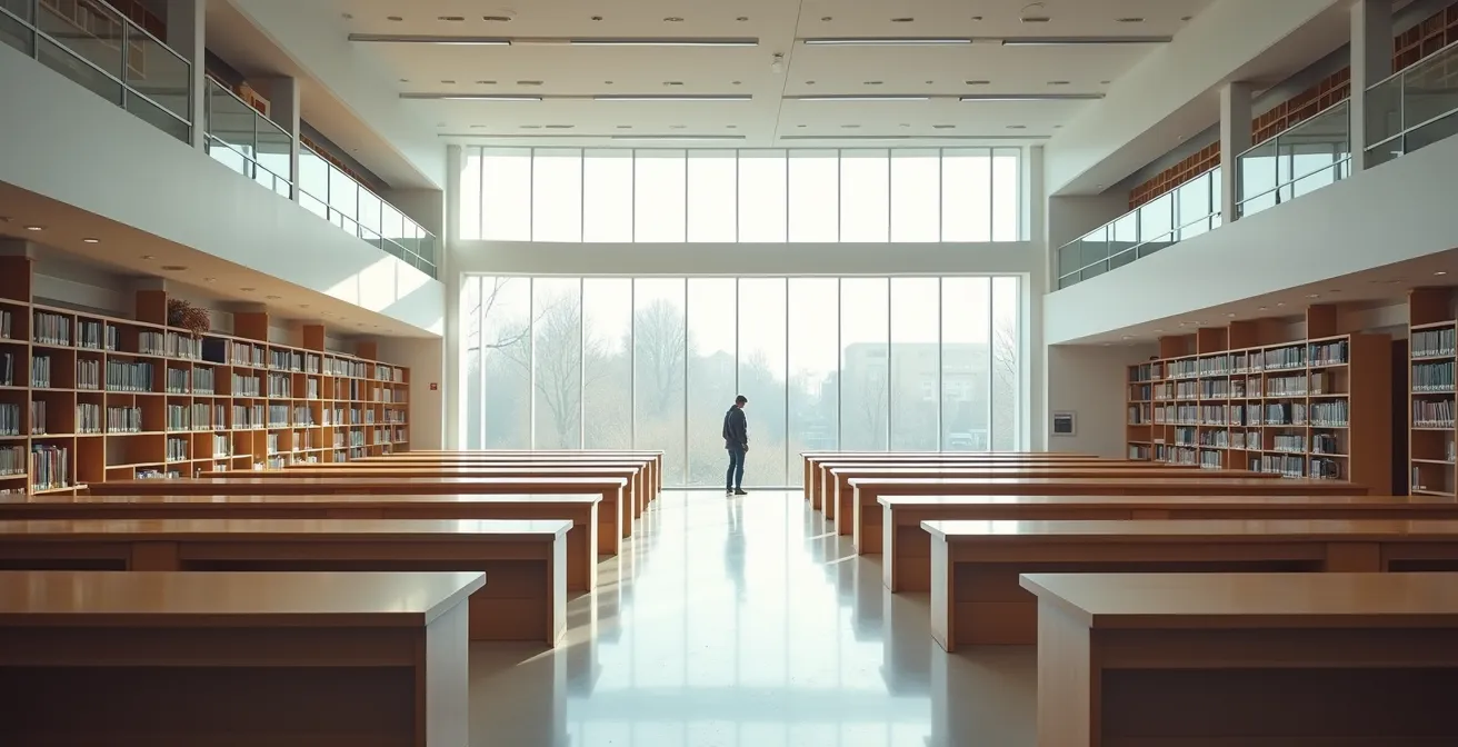 Vue large d'une bibliothèque médicale moderne avec espaces de travail épurés