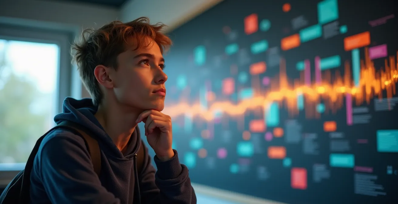 Lycéen pensif devant un calendrier mural avec trois chemins lumineux symbolisant les différents timings de préparation