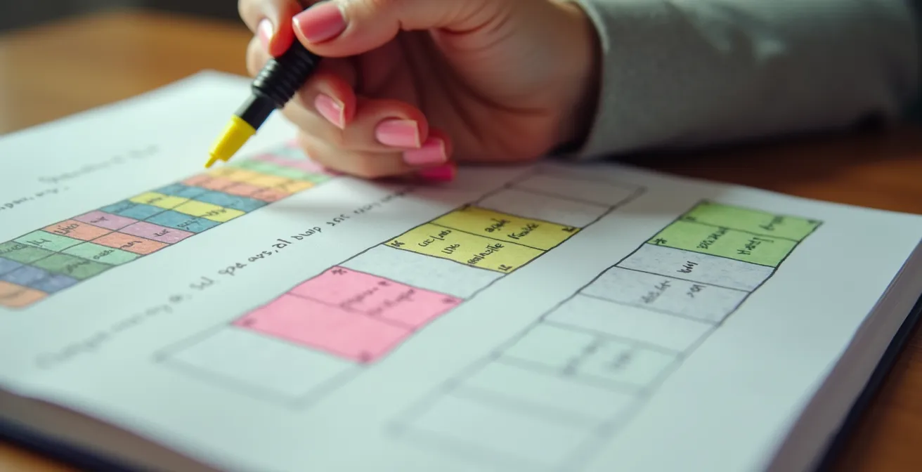 Une main d'étudiante prenant des notes méthodiques avec système de couleurs sur bureau organisé