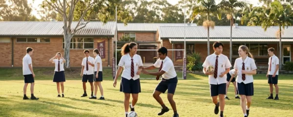 Lycéens en uniforme australien lors d'une activité sportive outdoor sur le terrain d'un établissement secondaire australien, lumière dorée d'après-midi, architecture scolaire typique avec végétation subtropicale en arrière-plan