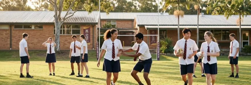 Lycéens en uniforme australien lors d'une activité sportive outdoor sur le terrain d'un établissement secondaire australien, lumière dorée d'après-midi, architecture scolaire typique avec végétation subtropicale en arrière-plan