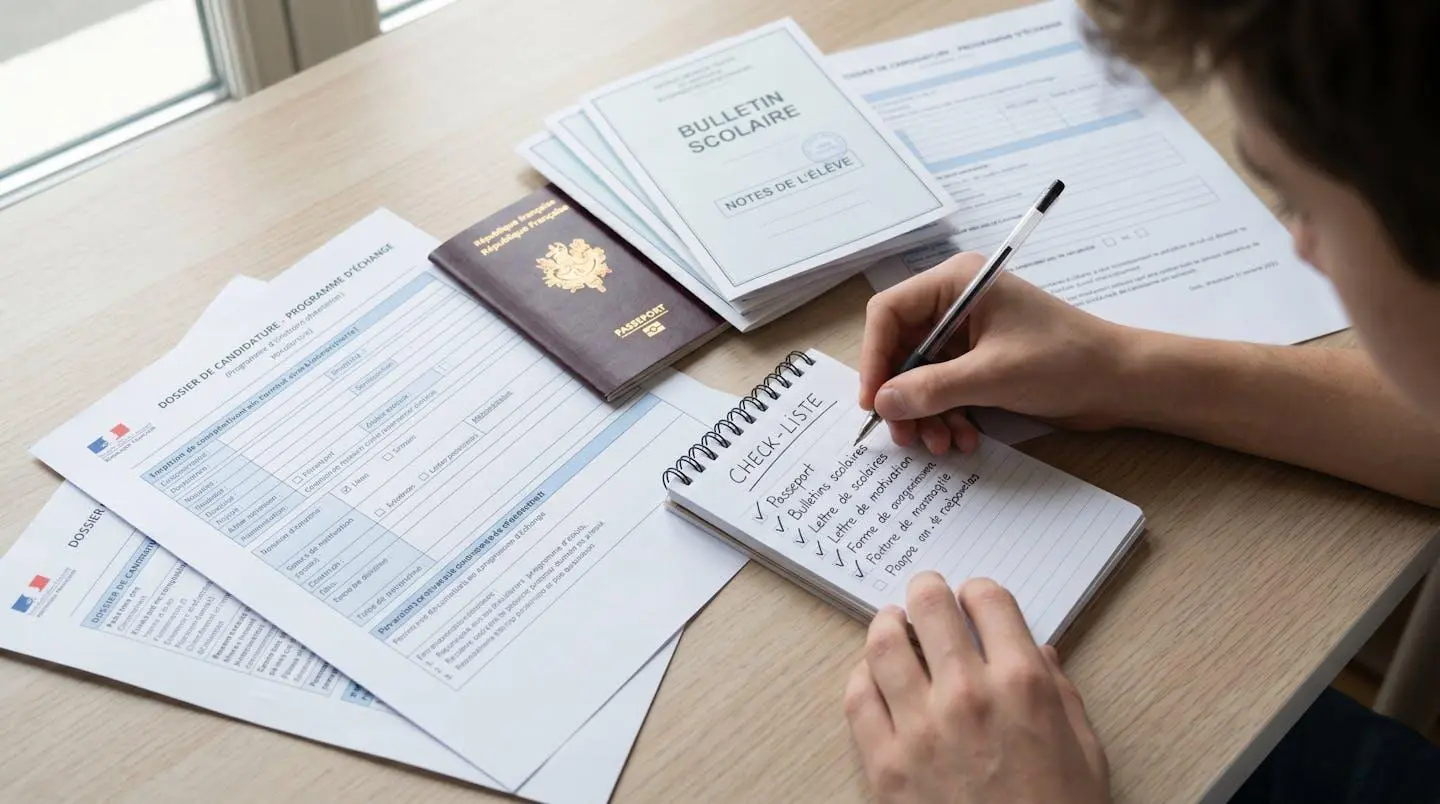 Vue aérienne d'un bureau avec documents administratifs pour candidature programme d'échange (bulletins, passeport français, formulaires) et main d'adolescent(e) complétant une checklist, lumière naturelle douce